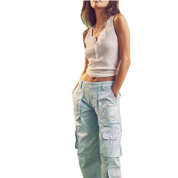 Free People Lap of Luxury Barrel Cargo Jeans Aqua Marine Metallic Size 27 NWOT - Picture 2 of 14